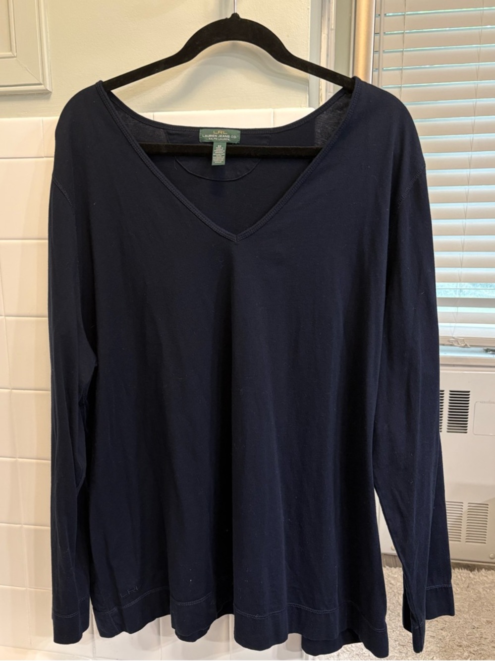 3X Lauren Ralph Lauren Navy V-Neck Long-Sleeve cotton Top
